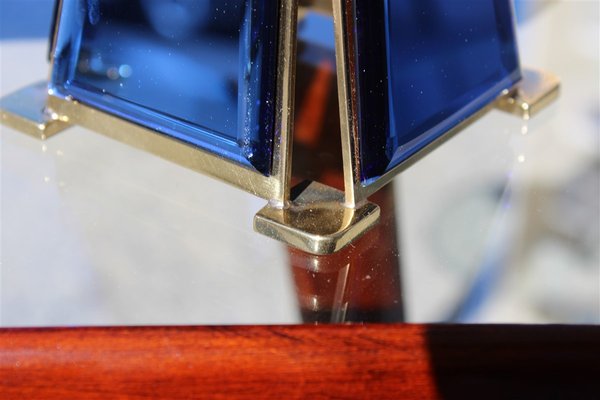 Gold-Plated Brass & Mirrored Glass Candelabras In Bevelled Cobalt Blue, 1950s, Set of 2-EH-776764