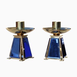 Gold-Plated Brass & Mirrored Glass Candelabras In Bevelled Cobalt Blue, 1950s, Set of 2-EH-776764