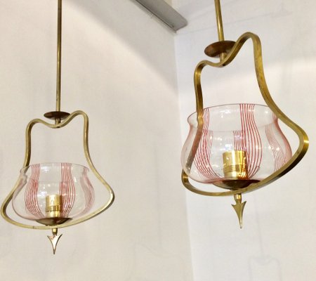 Golden Brass and Glass Chandeliers by Gio Ponti, Italian, 1930s, Set of 2-QZG-1409464