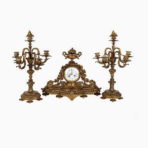 Golden Bronze Triptych Clock & Candle Holders, Set of 3-VMM-1274218