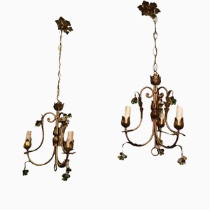 Golden Chandeliers with Colored Crystals, 1960s, Set of 2-BA-1365678