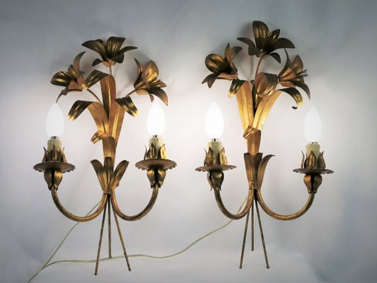 Golden Flower Wall Lights in Metal, 1960s, Set of 2-YBU-1377386