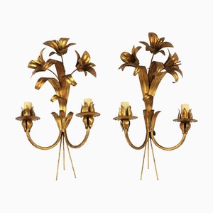 Golden Flower Wall Lights in Metal, 1960s, Set of 2-YBU-1377386