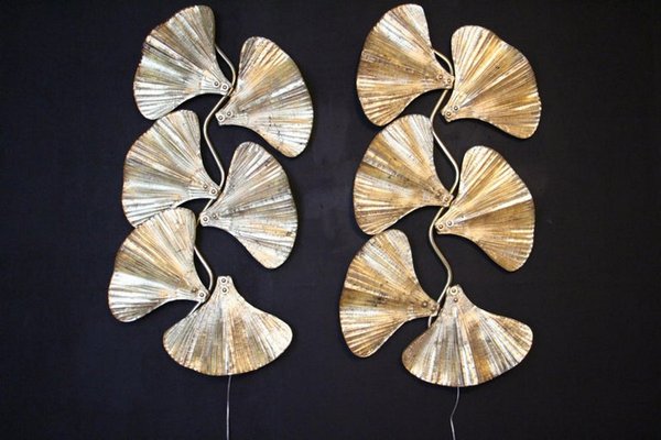 Golden Gingko Murano Glass Leaf Sconces in the style of Tommaso Barbi, 2000, Set of 2-YF-1421353