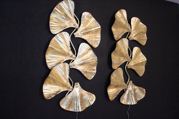 Golden Gingko Murano Glass Leaf Sconces in the style of Tommaso Barbi, 2000, Set of 2-YF-1421353