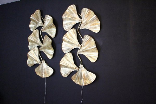 Golden Gingko Murano Glass Leaf Sconces in the style of Tommaso Barbi, 2000, Set of 2-YF-1421353