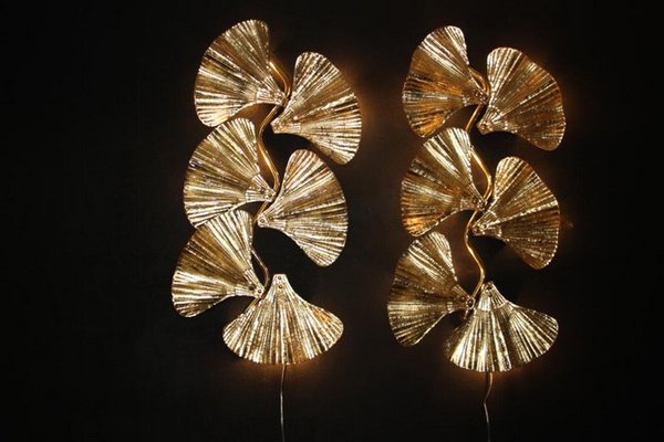 Golden Gingko Murano Glass Leaf Sconces in the style of Tommaso Barbi, 2000, Set of 2-YF-1421353