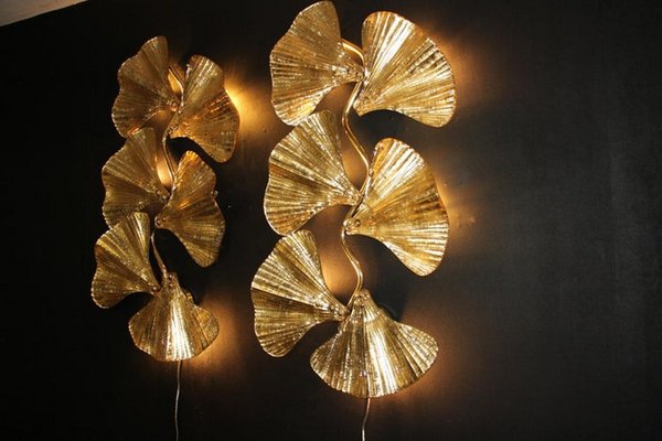 Golden Gingko Murano Glass Leaf Sconces in the style of Tommaso Barbi, 2000, Set of 2-YF-1421353