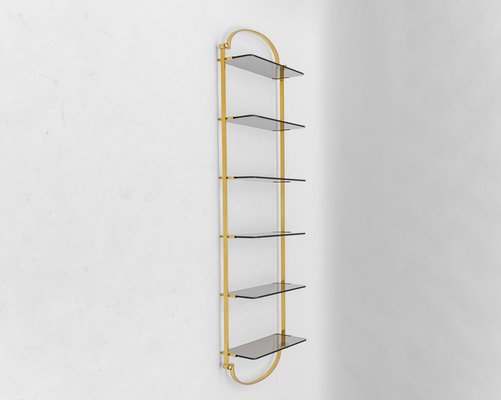 Golden Wall Shelf with Smoked Glass Shelves, Italy, 1960s-KQB-1807041