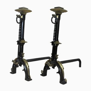 Gothic Style Bronze and Iron Andirons, 19th Century, Set of 2-SYQ-1187413