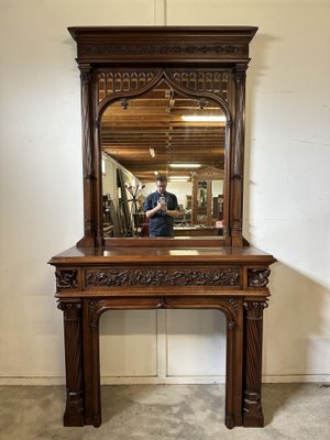 Gothic Style Walnut Fireplace, 1890s-AXR-1703182