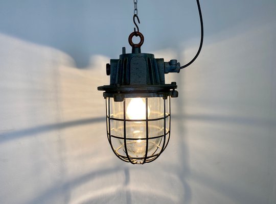 Gray Industrial Cast Iron Cage Pendant Light, 1960s-CGF-995728