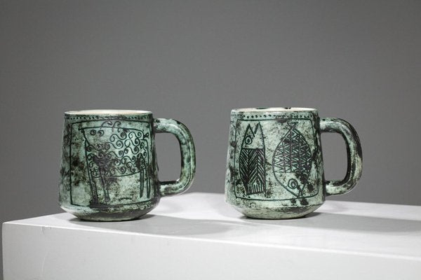 Green Ceramic Mugs by Jacques Blin, 1950s, Set of 2-YU-1808237