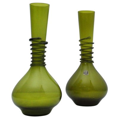 Green Decanter or Vase with Attached Glass Wire by Jacob E. Bang for Holmegaard, Denmark, Set of 2-HPQ-1263889