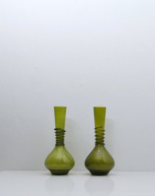 Green Decanter or Vase with Attached Glass Wire by Jacob E. Bang for Holmegaard, Denmark, Set of 2-HPQ-1263889