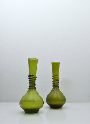 Green Decanter or Vase with Attached Glass Wire by Jacob E. Bang for Holmegaard, Denmark, Set of 2-HPQ-1263889