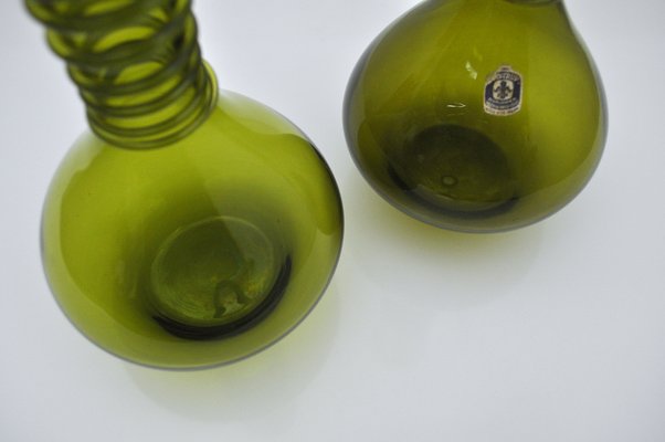 Green Decanter or Vase with Attached Glass Wire by Jacob E. Bang for Holmegaard, Denmark, Set of 2-HPQ-1263889