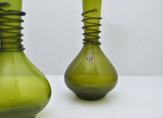 Green Decanter or Vase with Attached Glass Wire by Jacob E. Bang for Holmegaard, Denmark, Set of 2-HPQ-1263889