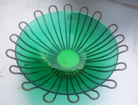 Green Glass Bowl with Brass Frame Vide Poche, 1950s-QDP-1716515