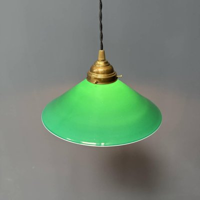 Green Glass Hanging Lamp with Slanted Shade and Brass Fixture-NPL-2028664