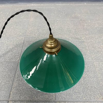 Green Glass Hanging Lamp with Slanted Shade and Brass Fixture-NPL-2028664