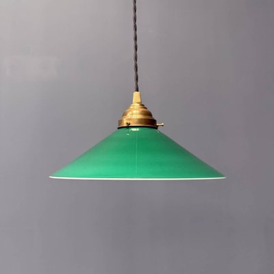 Green Glass Hanging Lamp with Slanted Shade and Brass Fixture-NPL-2028664