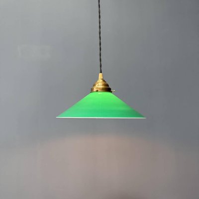 Green Glass Hanging Lamp with Slanted Shade and Brass Fixture-NPL-2028664