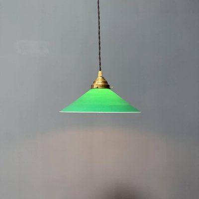 Green Glass Hanging Lamp with Slanted Shade and Brass Fixture-NPL-2028664