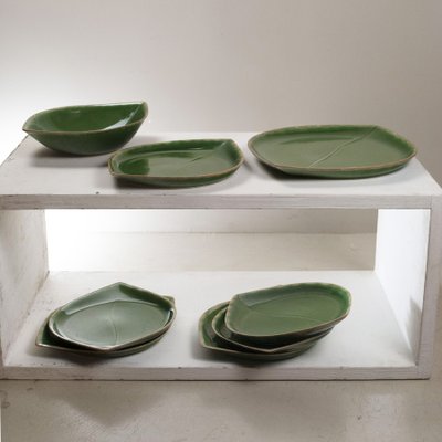 Green Glazed Ceramic Dishes and Bottom Tray, 1960s, Set of 8-JQO-1223707