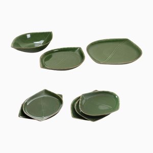 Green Glazed Ceramic Dishes and Bottom Tray, 1960s, Set of 8-JQO-1223707