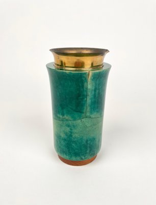 Green Goatskin & Brass Barware Set attributed to Aldo Tura for Macabo, Italy, 1960s, Set of 3-LYQ-1368841