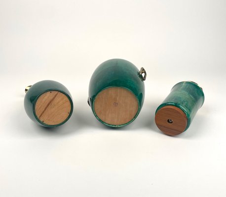 Green Goatskin & Brass Barware Set attributed to Aldo Tura for Macabo, Italy, 1960s, Set of 3-LYQ-1368841