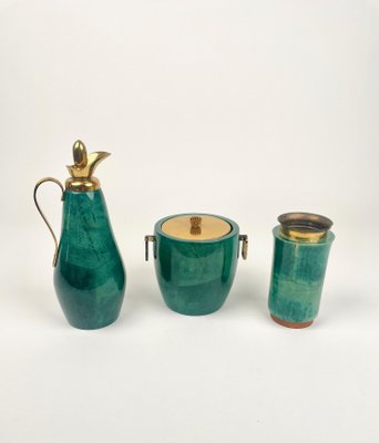 Green Goatskin & Brass Barware Set attributed to Aldo Tura for Macabo, Italy, 1960s, Set of 3-LYQ-1368841