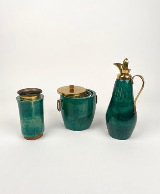 Green Goatskin & Brass Barware Set attributed to Aldo Tura for Macabo, Italy, 1960s, Set of 3-LYQ-1368841