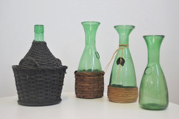 Green Green Glass Wine Decanter, 1950s, Set of 4-KNM-1139980