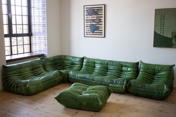 Green Leather Togo Living Room Set by Michel Ducaroy for Ligne Roset, Set of 5-IXA-1796554