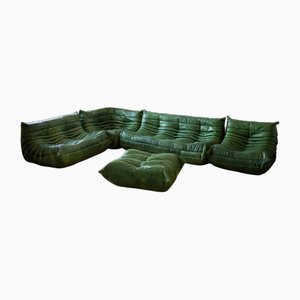 Green Leather Togo Living Room Set by Michel Ducaroy for Ligne Roset, Set of 5-IXA-1796554