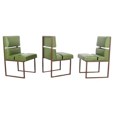 Green Minimalist Leather Chairs, 1970s, Set of 3-ABO-1440483