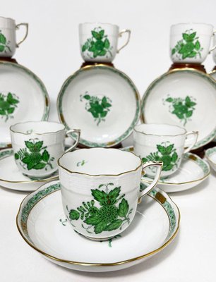 Green Porcelain Chinese Bouquet Apponyi Mocha Cups and Saucers from Herend Hungary, Set of 10-UCH-1224403