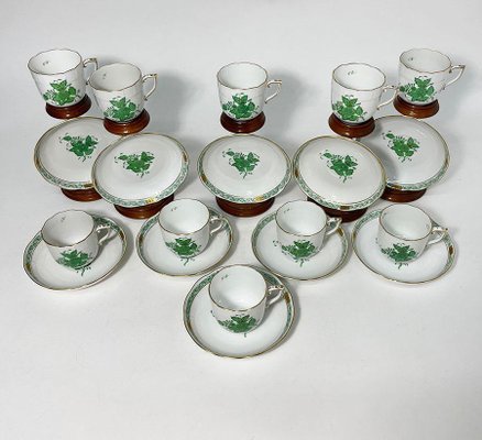 Green Porcelain Chinese Bouquet Apponyi Mocha Cups and Saucers from Herend Hungary, Set of 10-UCH-1224403