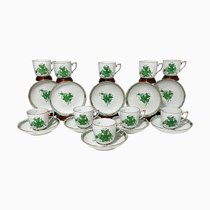 Green Porcelain Chinese Bouquet Apponyi Mocha Cups and Saucers from Herend Hungary, Set of 10-UCH-1224403