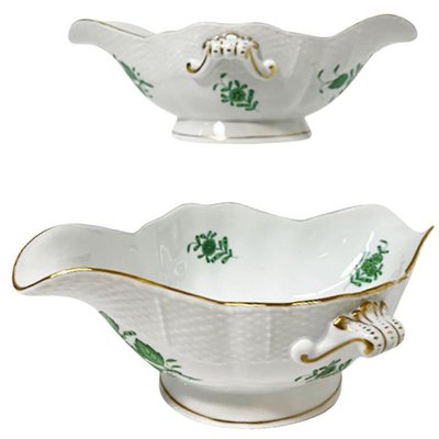 Green Porcelain Chinese Bouquet Apponyi Sauce / Gravy Boats from Herend Hungary, Set of 2-UCH-1224420