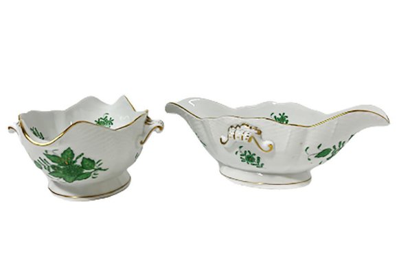 Green Porcelain Chinese Bouquet Apponyi Sauce / Gravy Boats from Herend Hungary, Set of 2-UCH-1224420