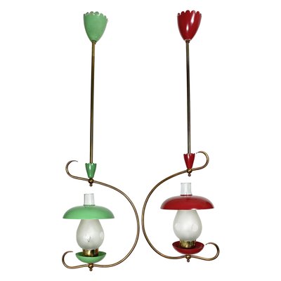 Green & Red Metal & Brass Pendant Light, Italy, 1950s, Set of 2-LYQ-1171633