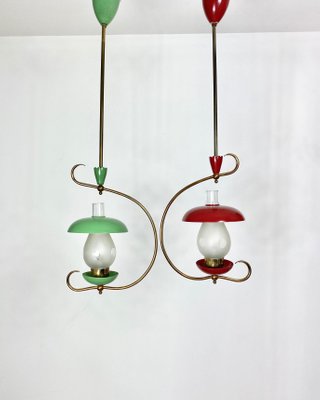 Green & Red Metal & Brass Pendant Light, Italy, 1950s, Set of 2-LYQ-1171633