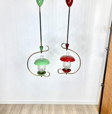 Green & Red Metal & Brass Pendant Light, Italy, 1950s, Set of 2-LYQ-1171633