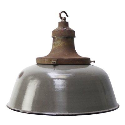 Grey Brown Enamel Garage Workshop Light with Cast Iron Top and White Interior, Dutch, 1920s-BLS-2025987