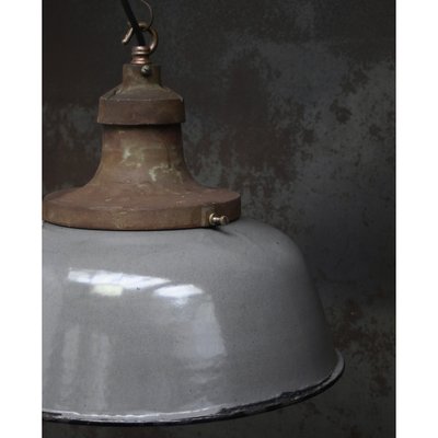 Grey Brown Enamel Garage Workshop Light with Cast Iron Top and White Interior, Dutch, 1920s-BLS-2025987