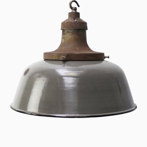 Grey Brown Enamel Garage Workshop Light with Cast Iron Top and White Interior, Dutch, 1920s-BLS-2025987