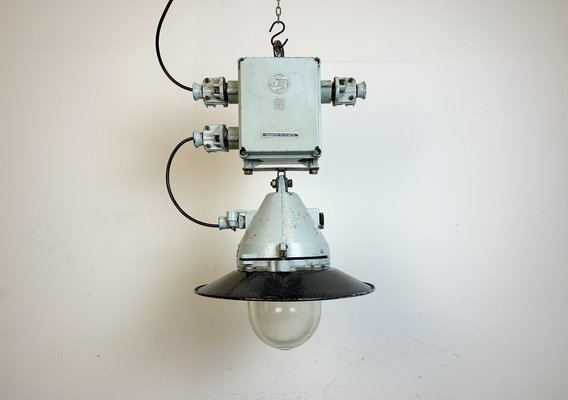 Grey Cast Aluminium Explosion Proof Pendant Lamp with Enameled Shade from Elektrosvit, 1970s-CGF-1726173